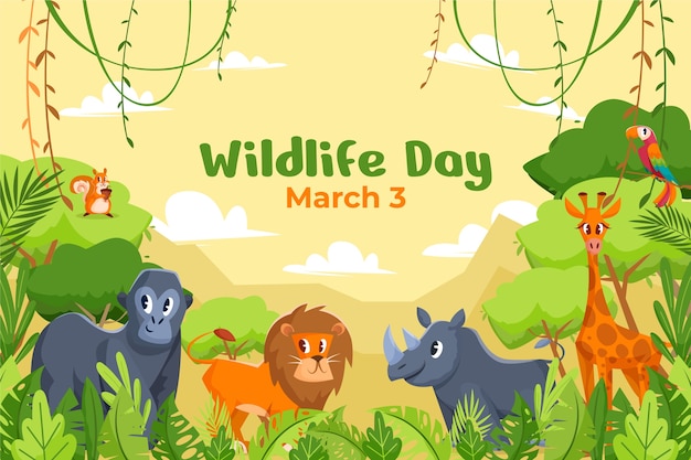 Flat background for world wildlife day with flora and fauna