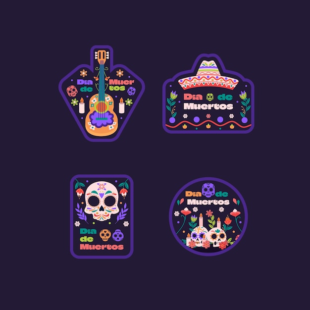 Free Vector flat badges collection for dia de muertos celebration