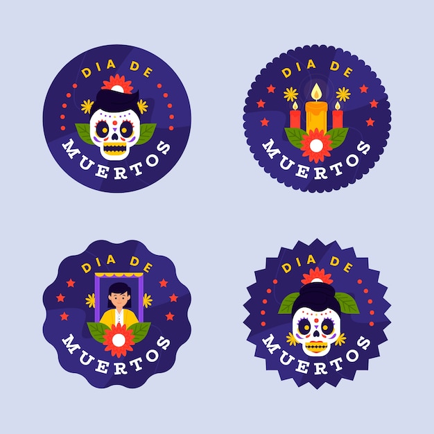 Free Vector flat badges collection for dia de muertos celebration