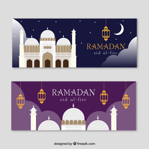 Flat banners with mosque for ramadan