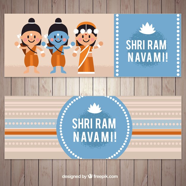 Flat banners with smiling characters for ram navami