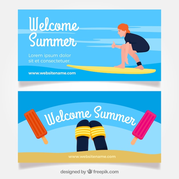 Free Vector flat banners with surfer and summer items