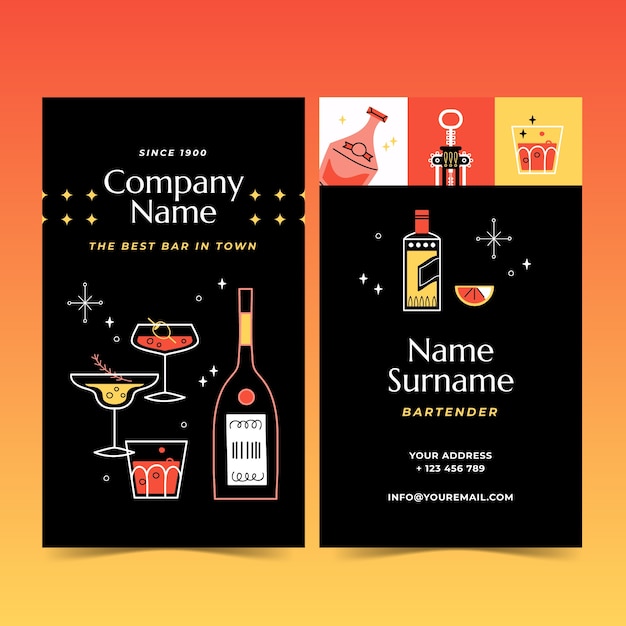 Flat bartender job hunting vertical business card template