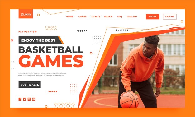 Flat basketball landing page template with male player