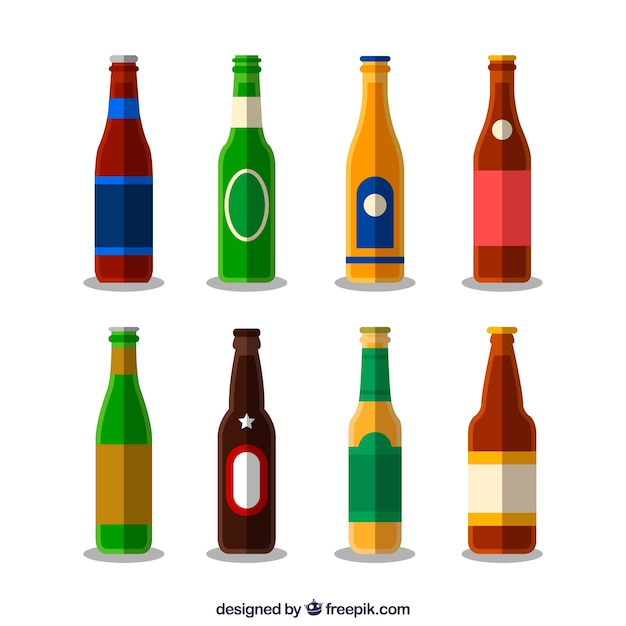 Flat beer bottle collection with label