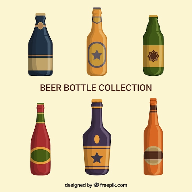 Flat beer bottle collection with label