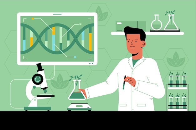 Flat biotechnology concept with researcher