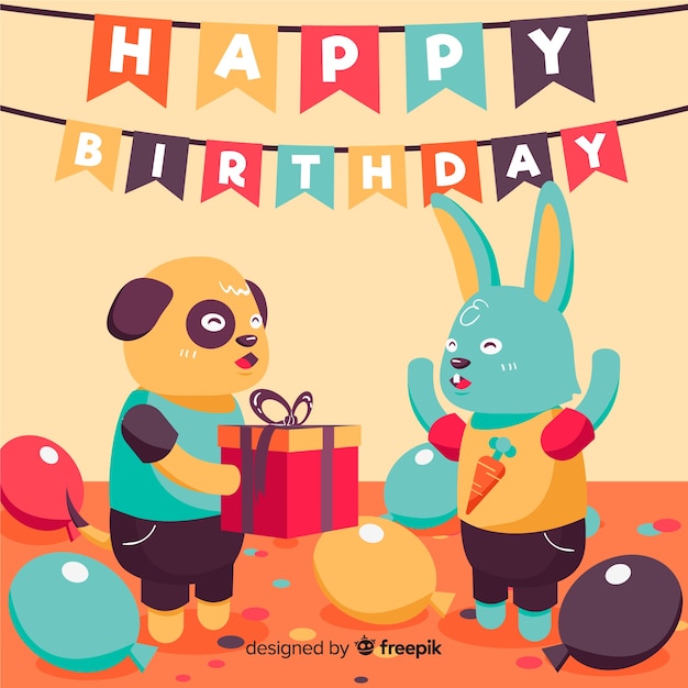 Flat birthday animal background