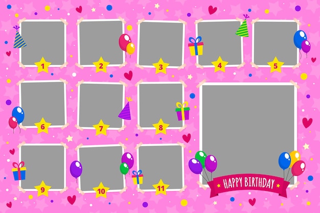 Flat birthday collage frame collection