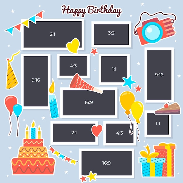 Flat birthday collage frame collection