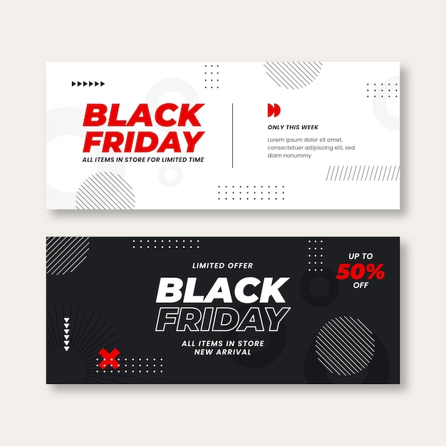 Flat black friday sale horizontal sale banners set