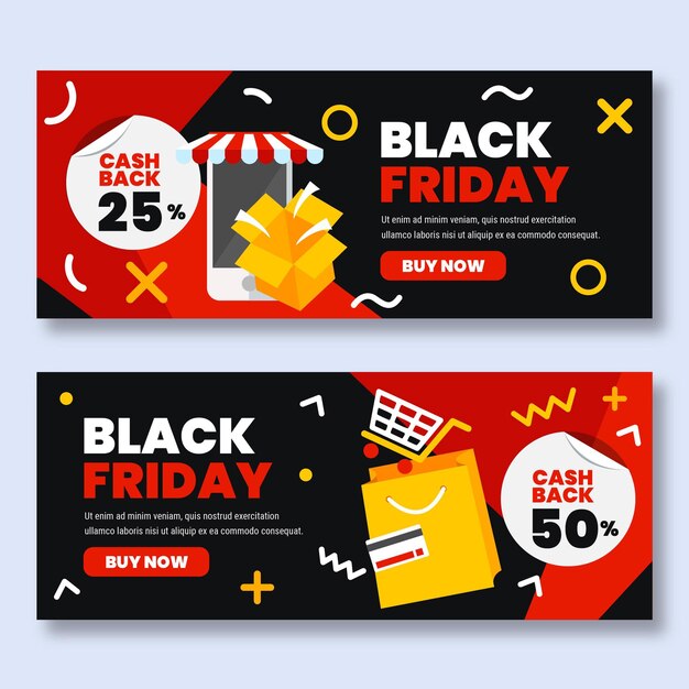 Flat black friday sale horizontal sale banners set