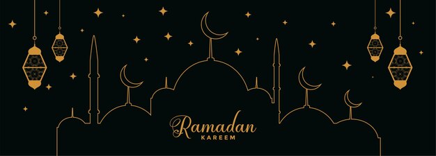 Flat black and golden ramadan kareem decoration banner