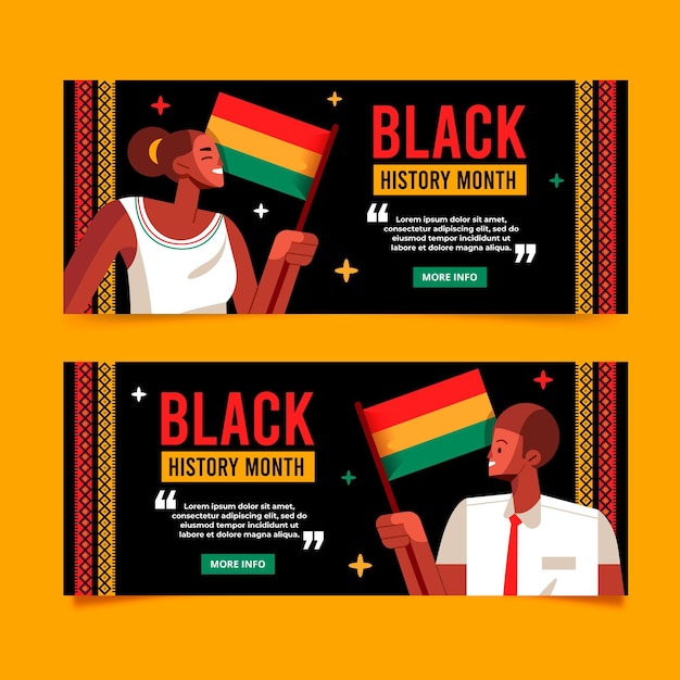 Flat black history month horizontal banners set