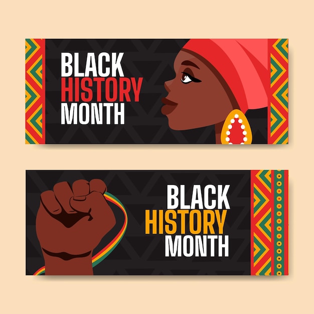 Flat black history month horizontal banners set