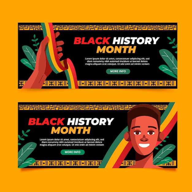 Flat black history month horizontal banners set