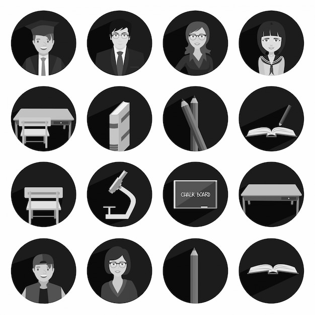 Flat black school icons