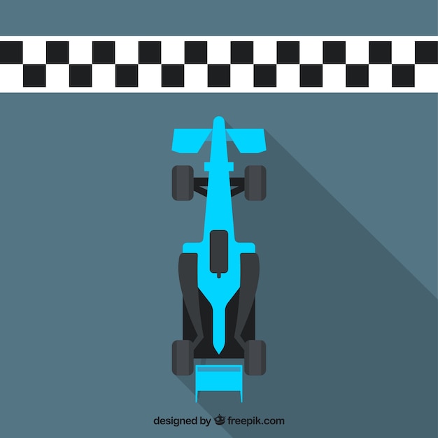 Flat blue f1 racing car crosses finish line