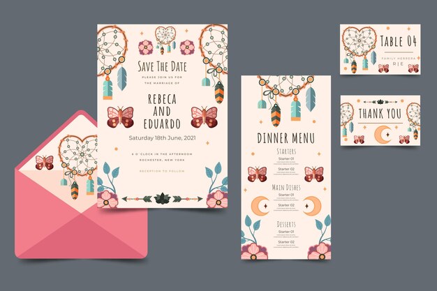 Flat boho wedding stationery