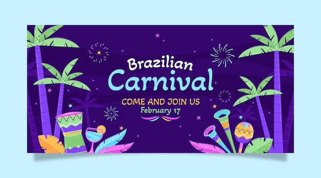 Flat brazilian carnival celebration horizontal banner template