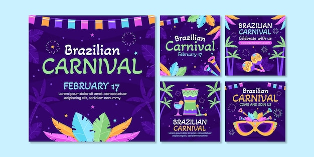 Flat brazilian carnival celebration instagram posts collection