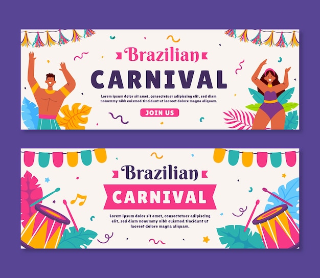 Flat brazilian carnival horizontal banners set