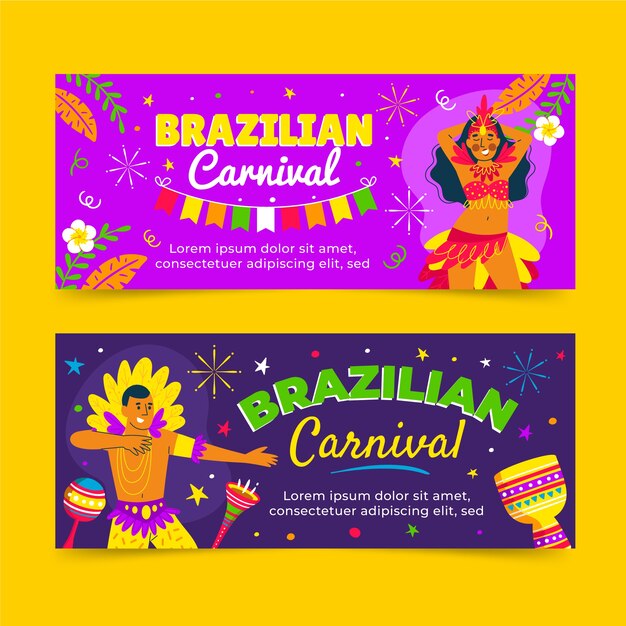 Flat brazilian carnival horizontal banners set