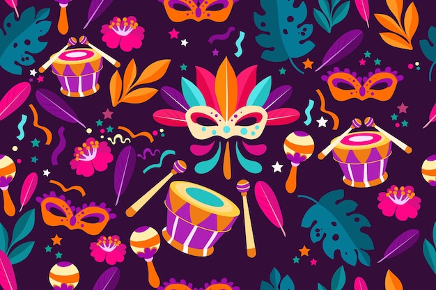 Flat brazilian carnival pattern with drums