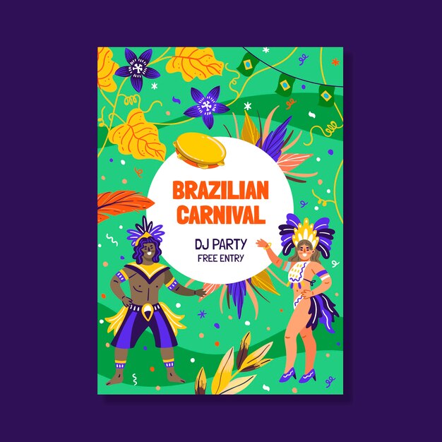 Flat brazilian carnival vertical flyer template