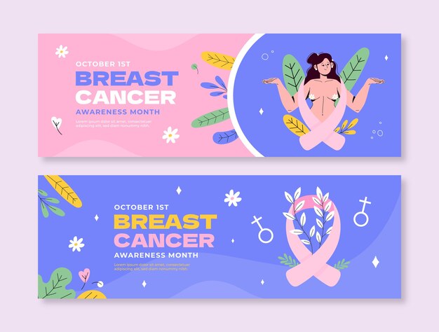 Free vector flat breast cancer awareness month horizontal banners set