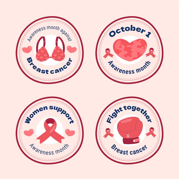 Flat breast cancer awareness month labels collection