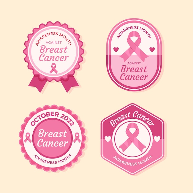 Flat breast cancer awareness month labels collection