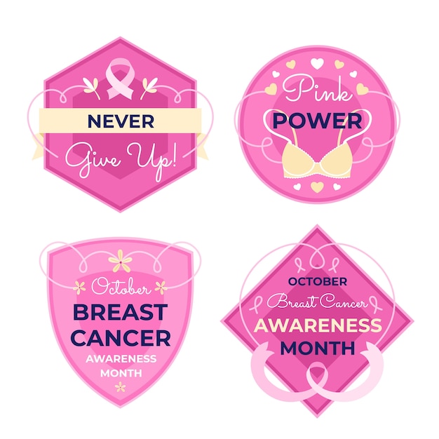 Flat breast cancer awareness month labels collection