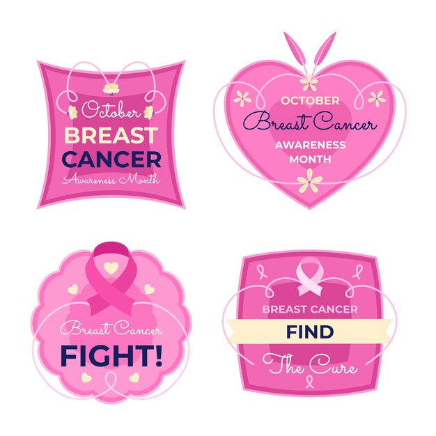 Flat breast cancer awareness month labels collection