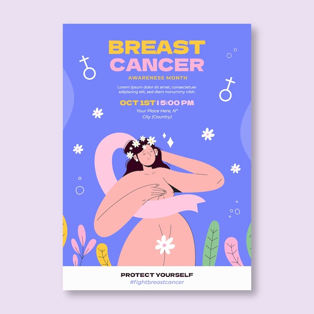 Flat breast cancer awareness month vertical poster template