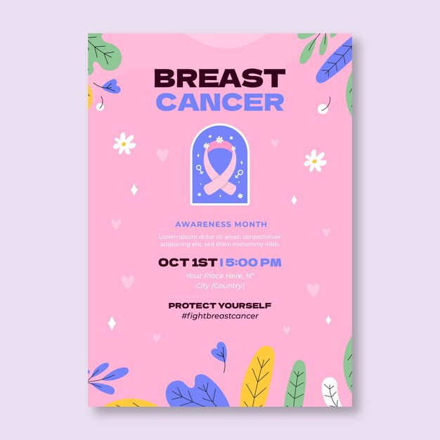 Flat breast cancer awareness month vertical poster template