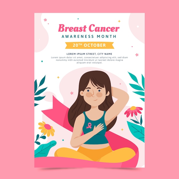 Flat breast cancer awareness month vertical poster template