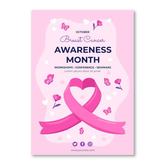 Flat breast cancer awareness month vertical poster template