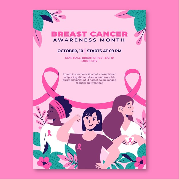 Flat breast cancer awareness month vertical poster template