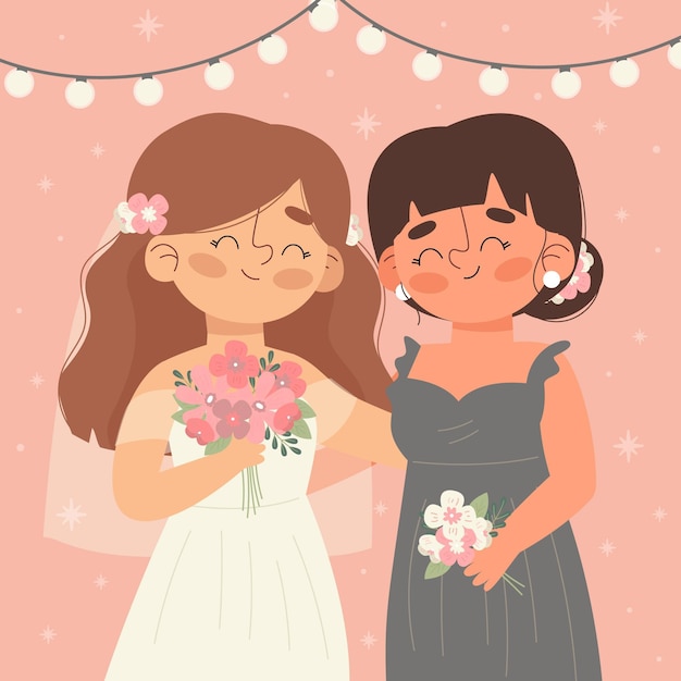 Flat bridesmaid with bride illustrated