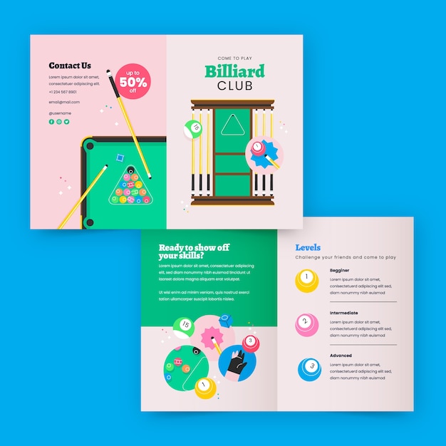 Free Vector flat brochure template for billiards club