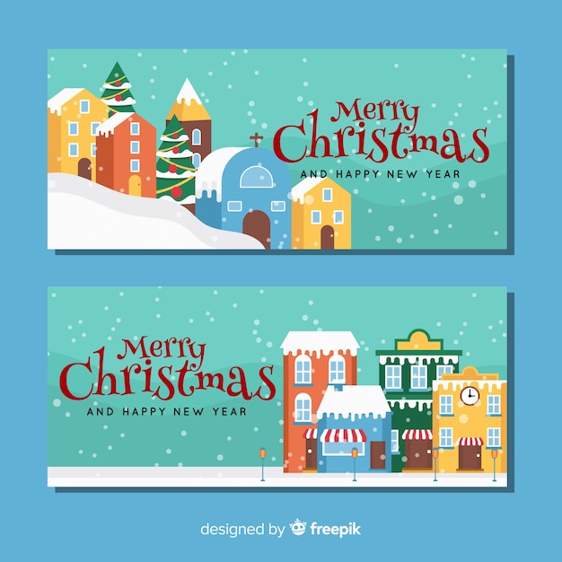 Flat buildings christmas town banner