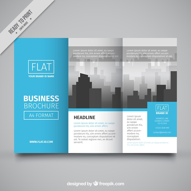 Flat business trifold template with blue shapes