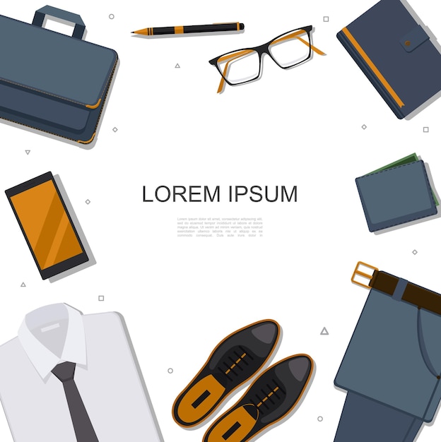 Free vector flat businessman accessories template with briefcase phone eyeglasses pen notepad trousers wallet leather shoes shirt  illustration,