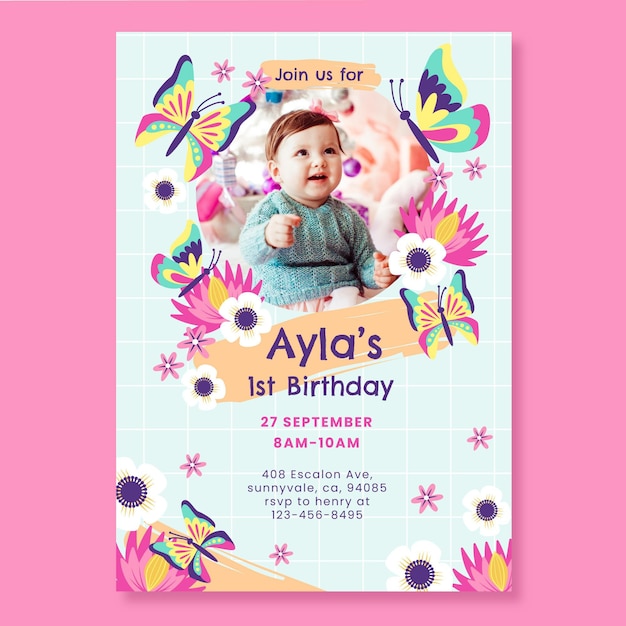 Flat butterfly birthday invitation template with photo