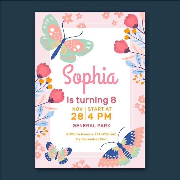 Flat butterfly birthday invitation template