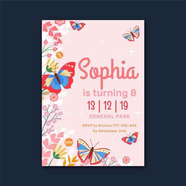 Flat butterfly birthday invitation template