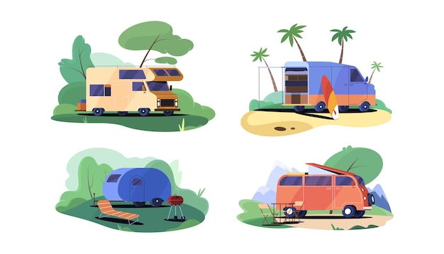 Free Vector flat camping trailer cars vintage camper vans