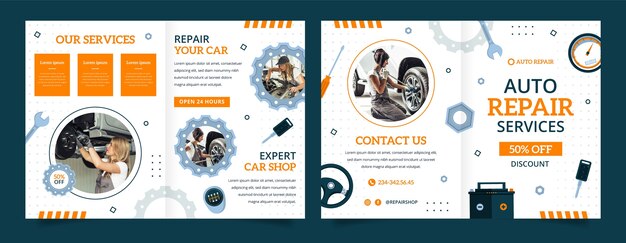 Flat car repair shop services brochure template