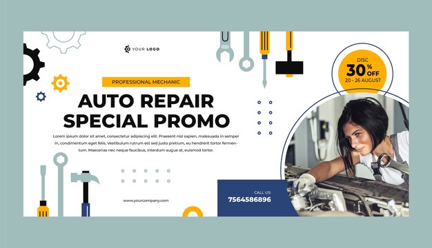 Flat car repair shop services horizontal sale banner template